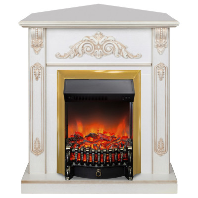 Электрокамин RealFlame Anita Corner WT дуб белый с золотой патиной с очагом Fobos Lux Brass