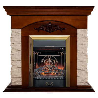 Электрокамин RealFlame Neapolis NT орех с очагом Majestic Lux Brass