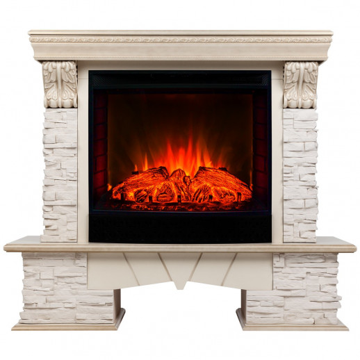 Электрокамин RealFlame Rockland Lux WT белый дуб с золотой патиной с очагом Evrika 25,5 LED