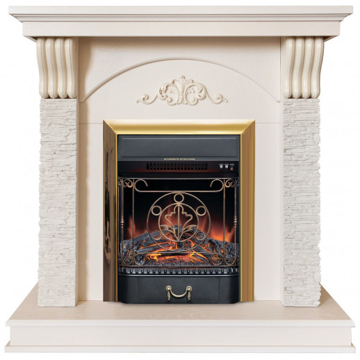Электрокамин RealFlame Corfino WT айвори с очагом Majestic Lux Brass