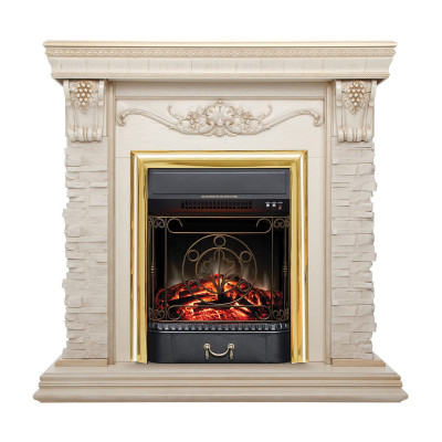 Электрокамин RealFlame Patricia WT белый дуб с золотой патиной с очагом Majestic Lux Brass