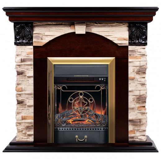 Электрокамин RealFlame Dublin Rock AO античный дуб с очагом Majestic Lux Brass