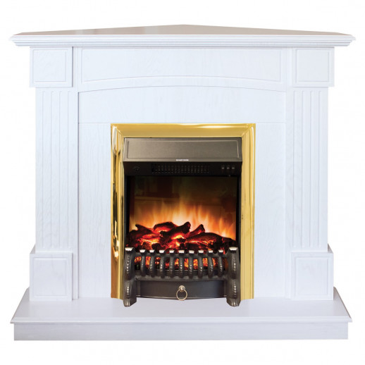 Электрокамин RealFlame Andrea Corner WT фактурный белый с очагом Fobos Lux Brass