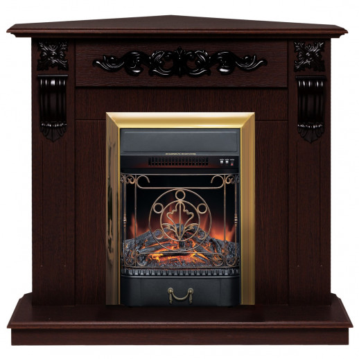 Электрокамин RealFlame Dominica Corner DN орех с очагом Majestic Lux Brass