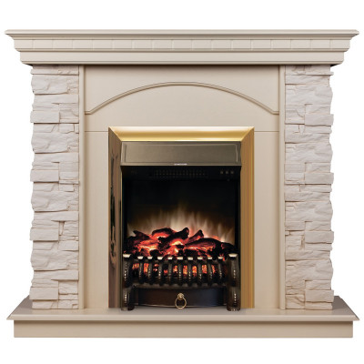 Электрокамин RealFlame Elford WT белый дуб с очагом Fobos Lux Brass